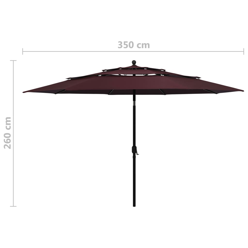 Градински чадър на 3 нива с алуминиев прът, бордо червен, 3,5 м