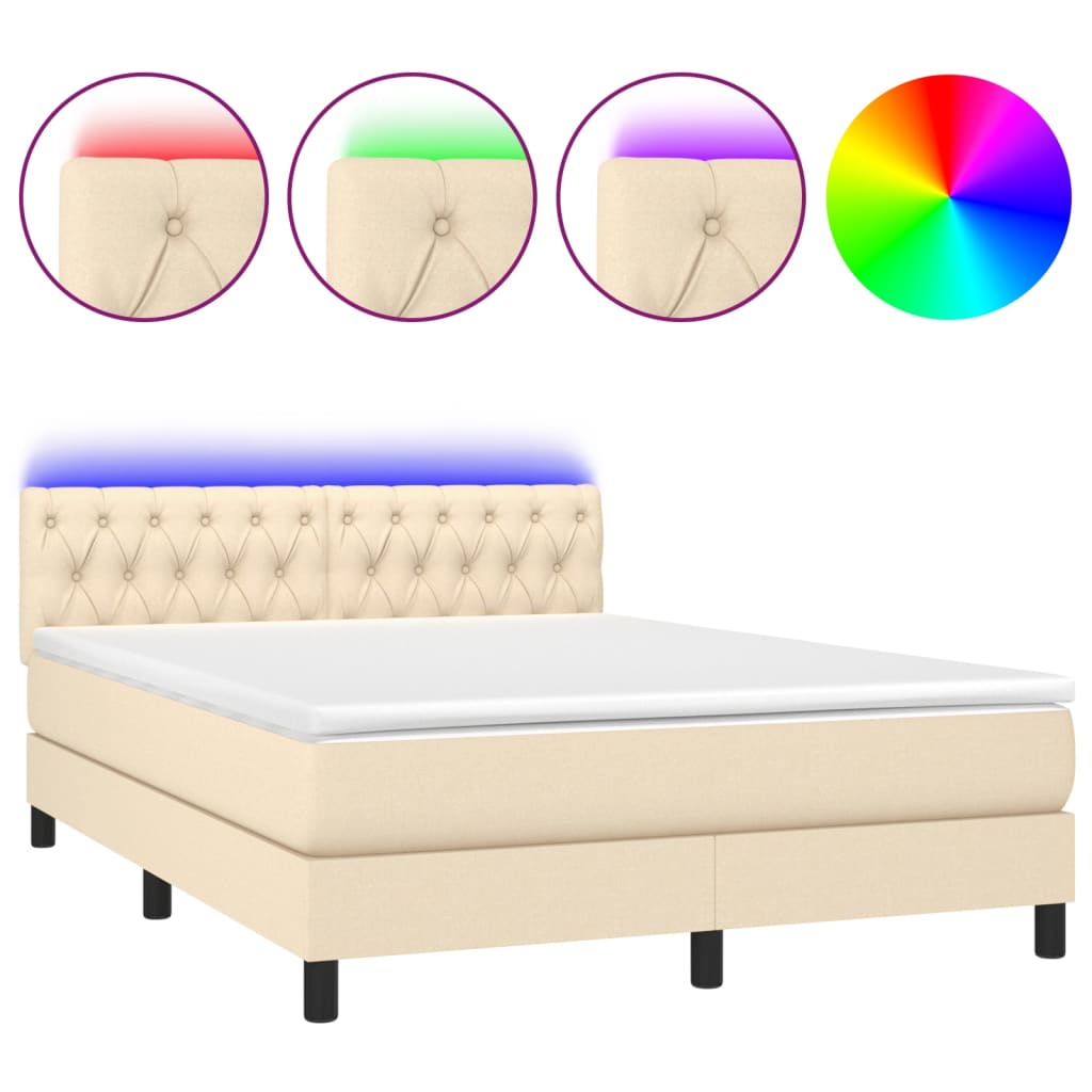 Боксспринг легло с матрак и LED, кремаво, 140x200 см, плат