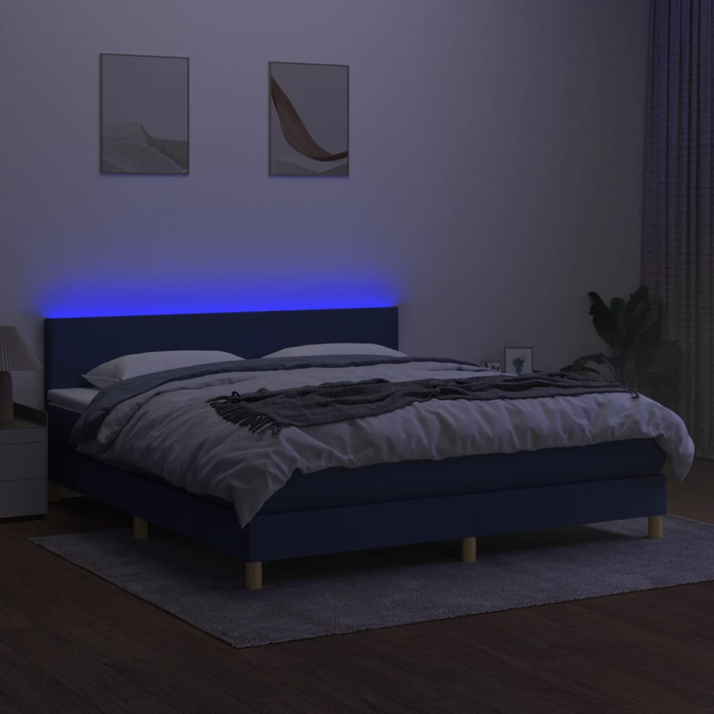 Боксспринг легло с матрак и LED, синьо, 180x200 см, плат