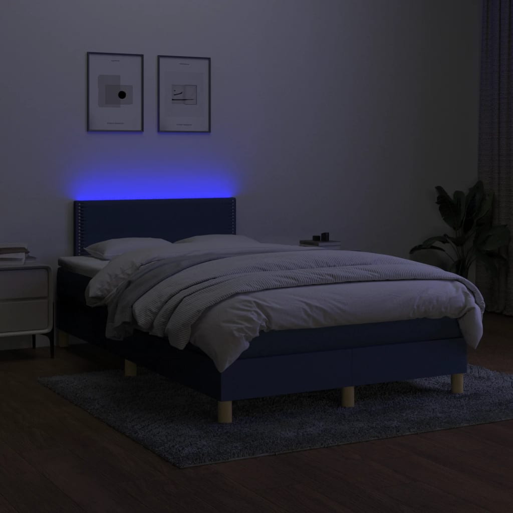 Боксспринг легло с матрак и LED, синьо, 120x200 см, плат