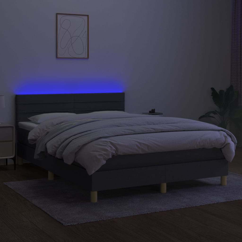 Боксспринг легло с матрак и LED, тъмносиво, 140x200 см, плат