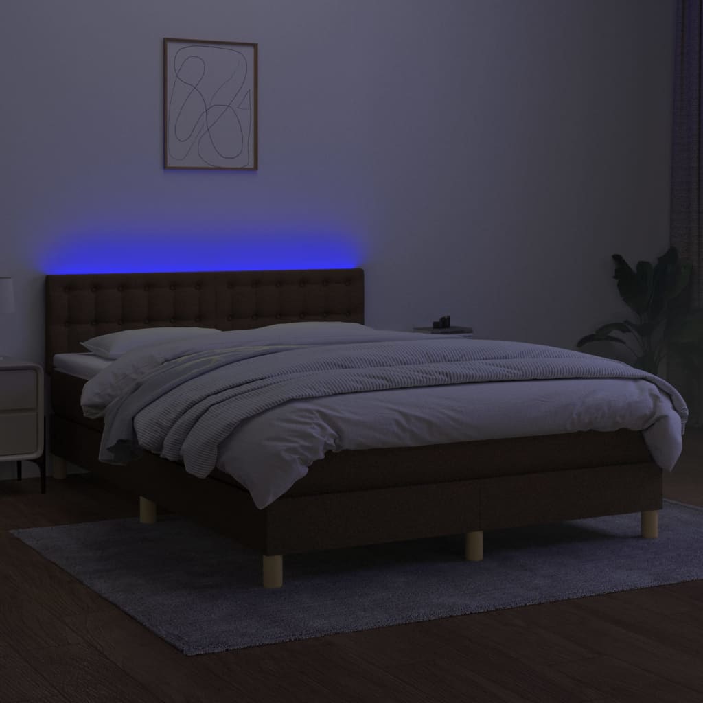 Боксспринг легло с матрак и LED, тъмнокафяво, 140x190 см, плат