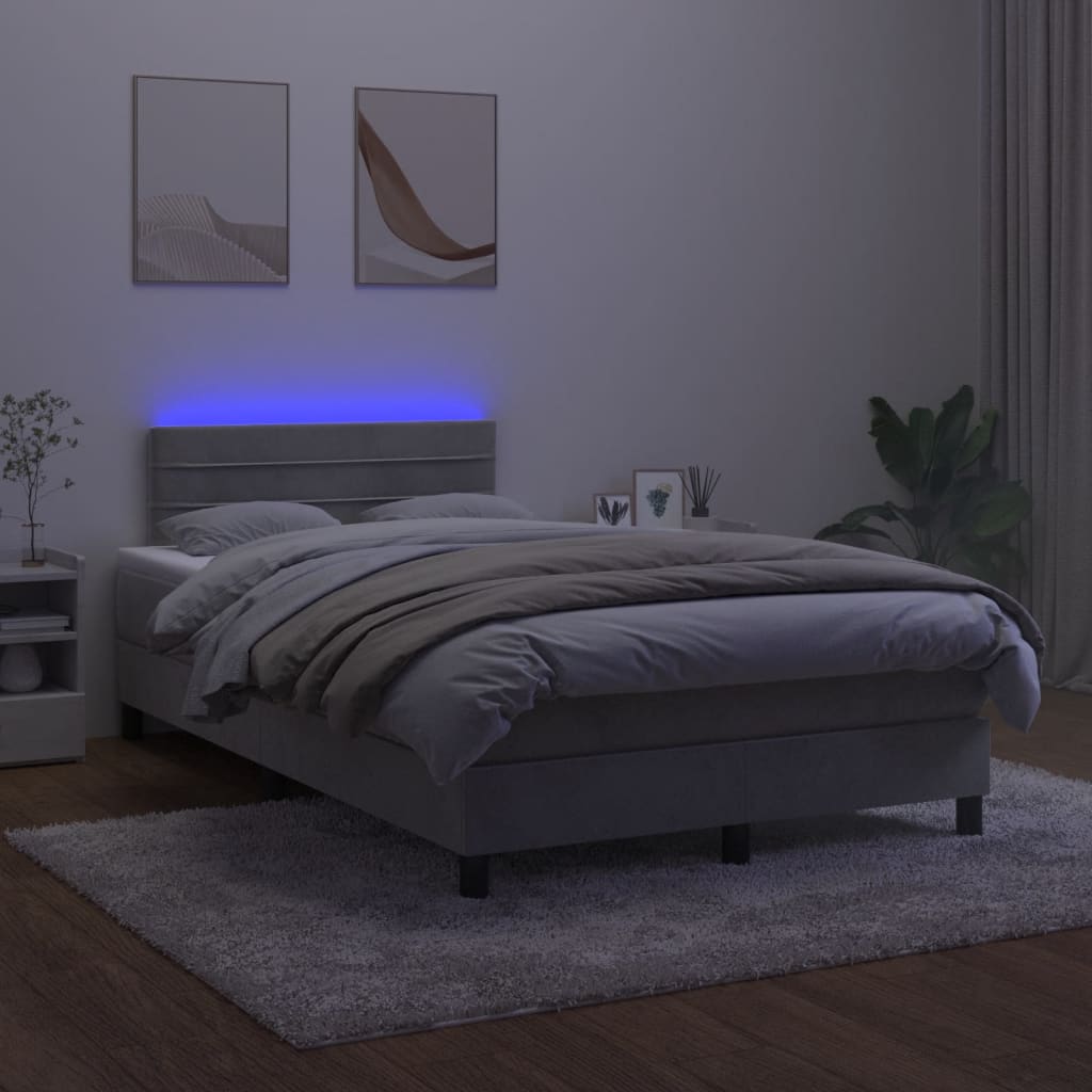 Боксспринг легло с матрак и LED, светлосиво, 120x200 см, кадифе