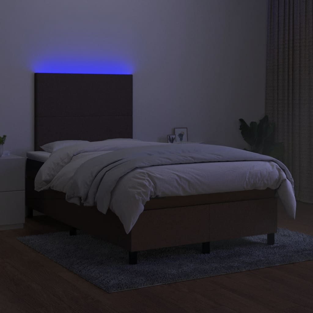 Боксспринг легло с матрак и LED, тъмнокафяво, 120x200 см, плат