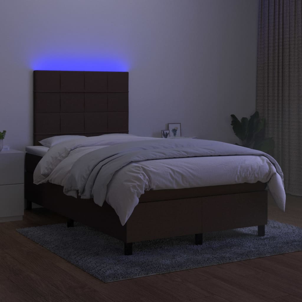 Боксспринг легло с матрак и LED, тъмнокафяво, 120x200 см, плат