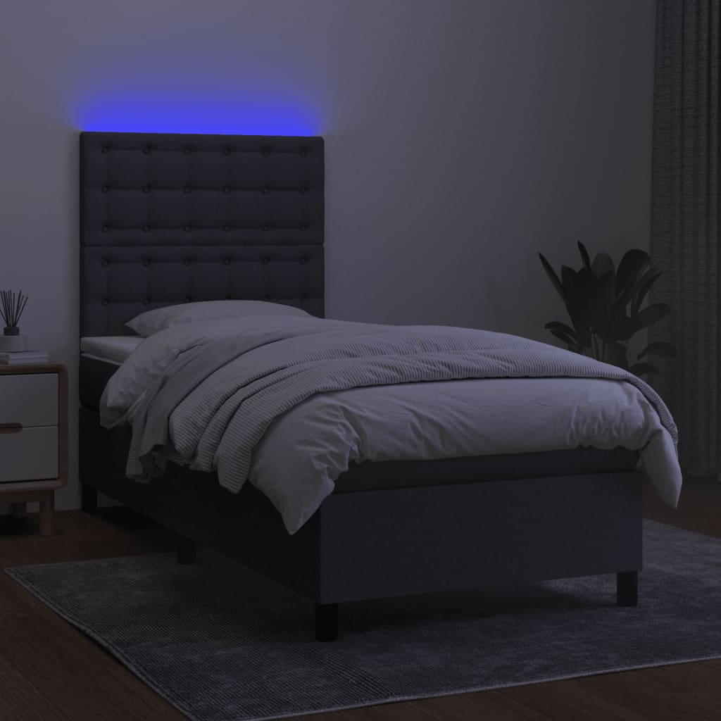 Боксспринг легло с матрак и LED, тъмносива, 90x200 см, плат