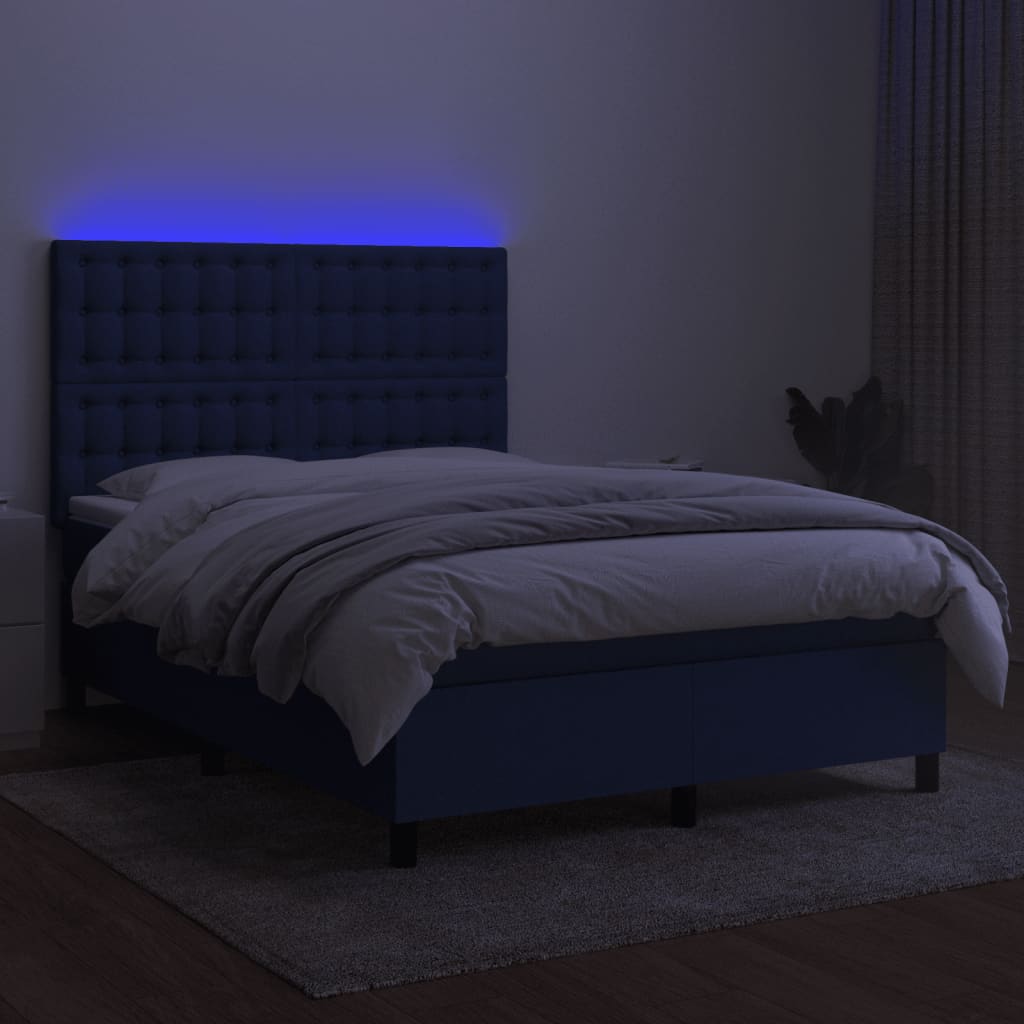Боксспринг легло с матрак и LED, синьо, 140x190 см, плат