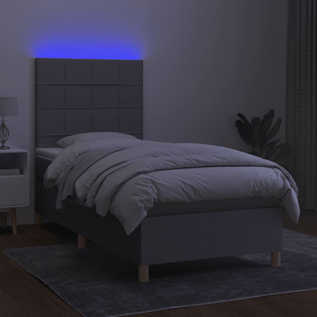 Боксспринг легло с матрак и LED, светлосиво, 90x200 см, плат