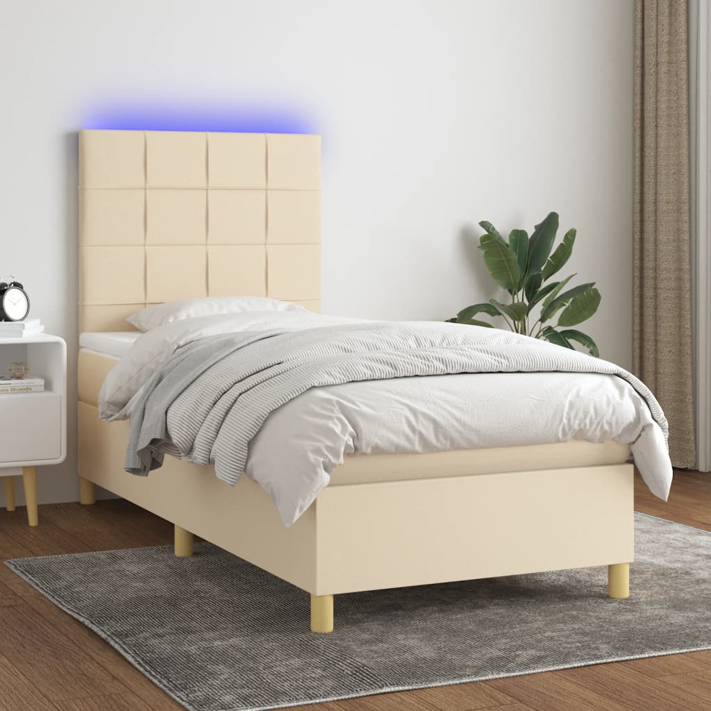 Боксспринг легло с матрак и LED, кремава, 90x200 см, плат