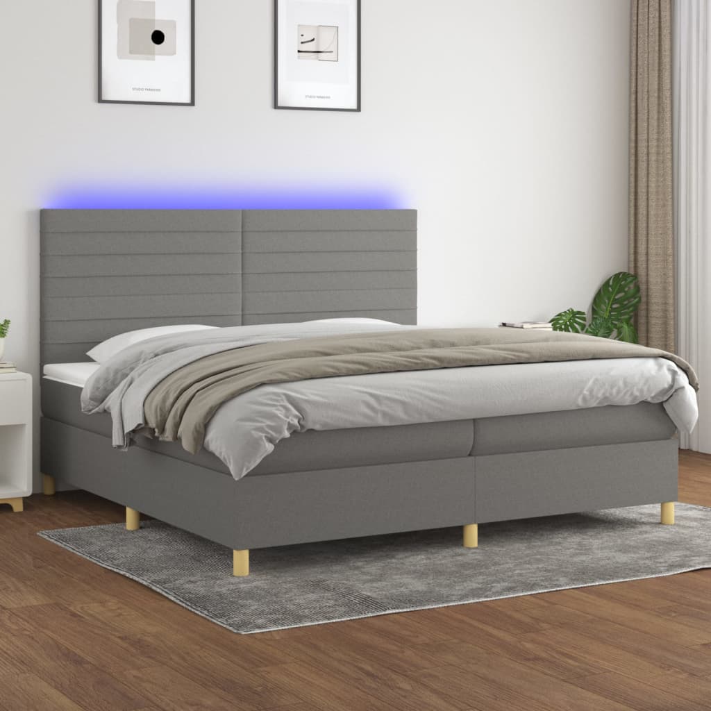 Боксспринг легло с матрак и LED, тъмносиво, 200x200 см, плат