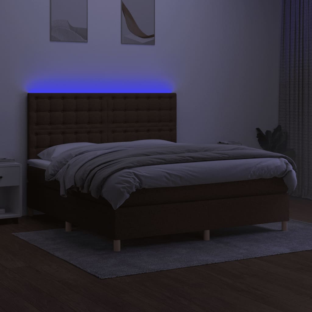 Боксспринг легло с матрак и LED, тъмнокафяво, 160x200 см, плат
