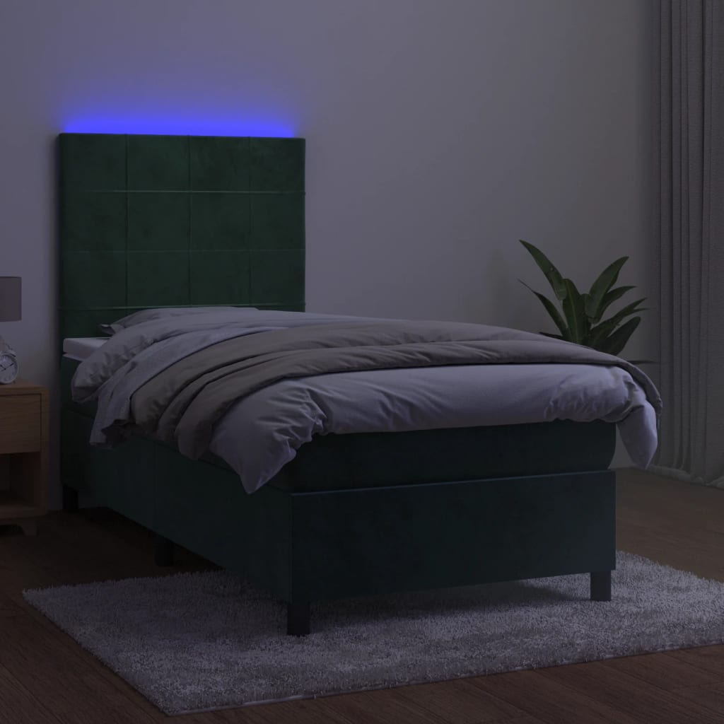 Боксспринг легло с матрак и LED, тъмнозелено, 80x200 см, кадифе