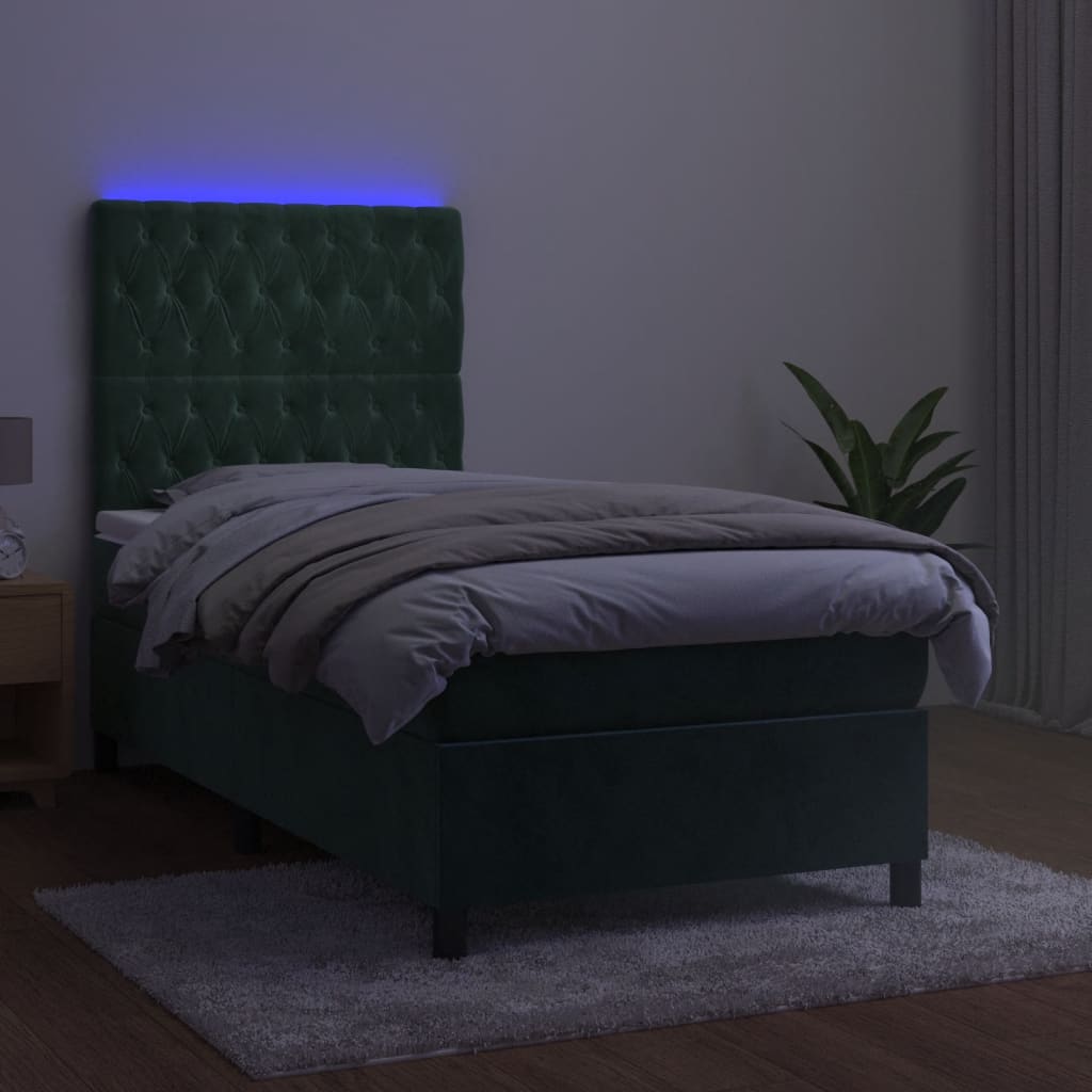 Боксспринг легло с матрак и LED, тъмнозелено, 90x200 см, кадифе