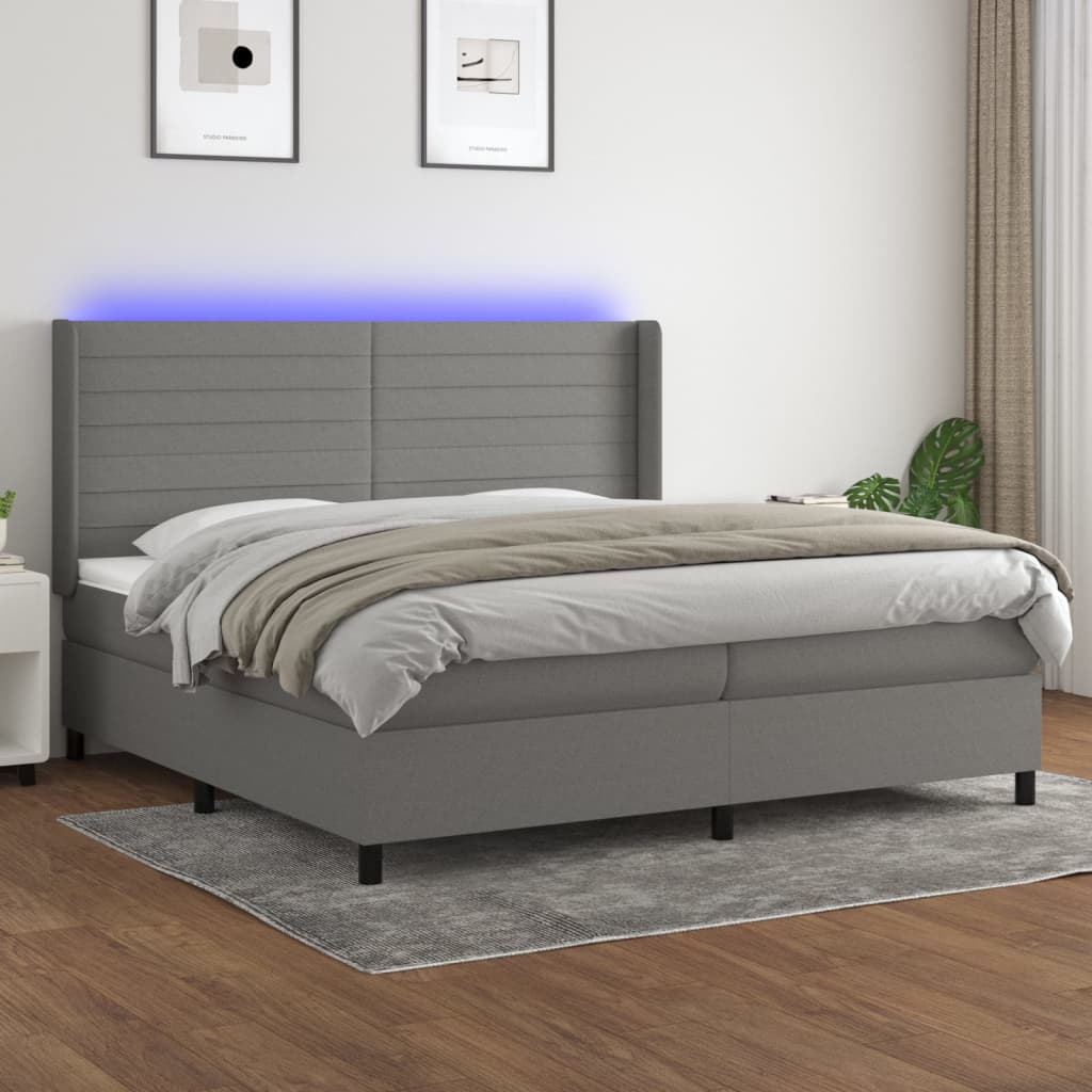 Боксспринг легло с матрак и LED, тъмносиво, 200x200 см, плат