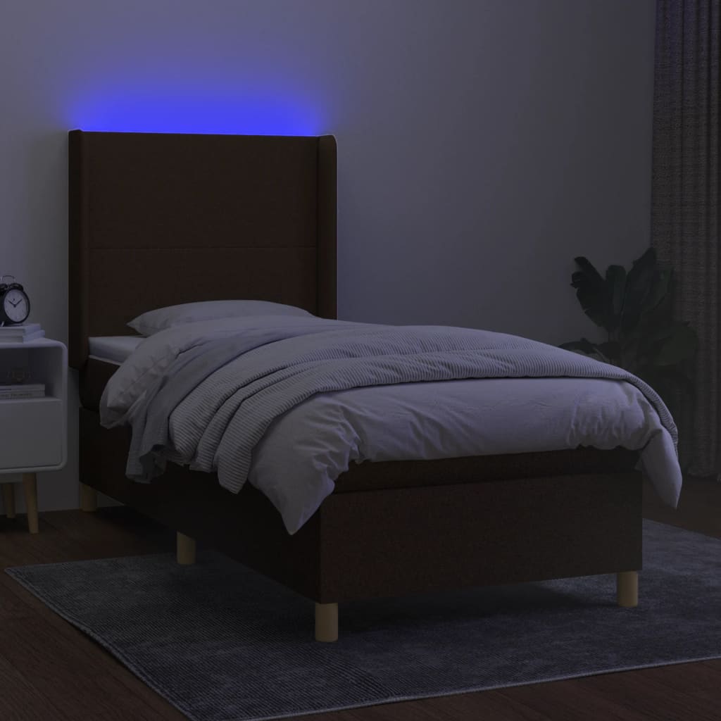 Боксспринг легло с матрак и LED, тъмнокафява, 90x190 см, плат