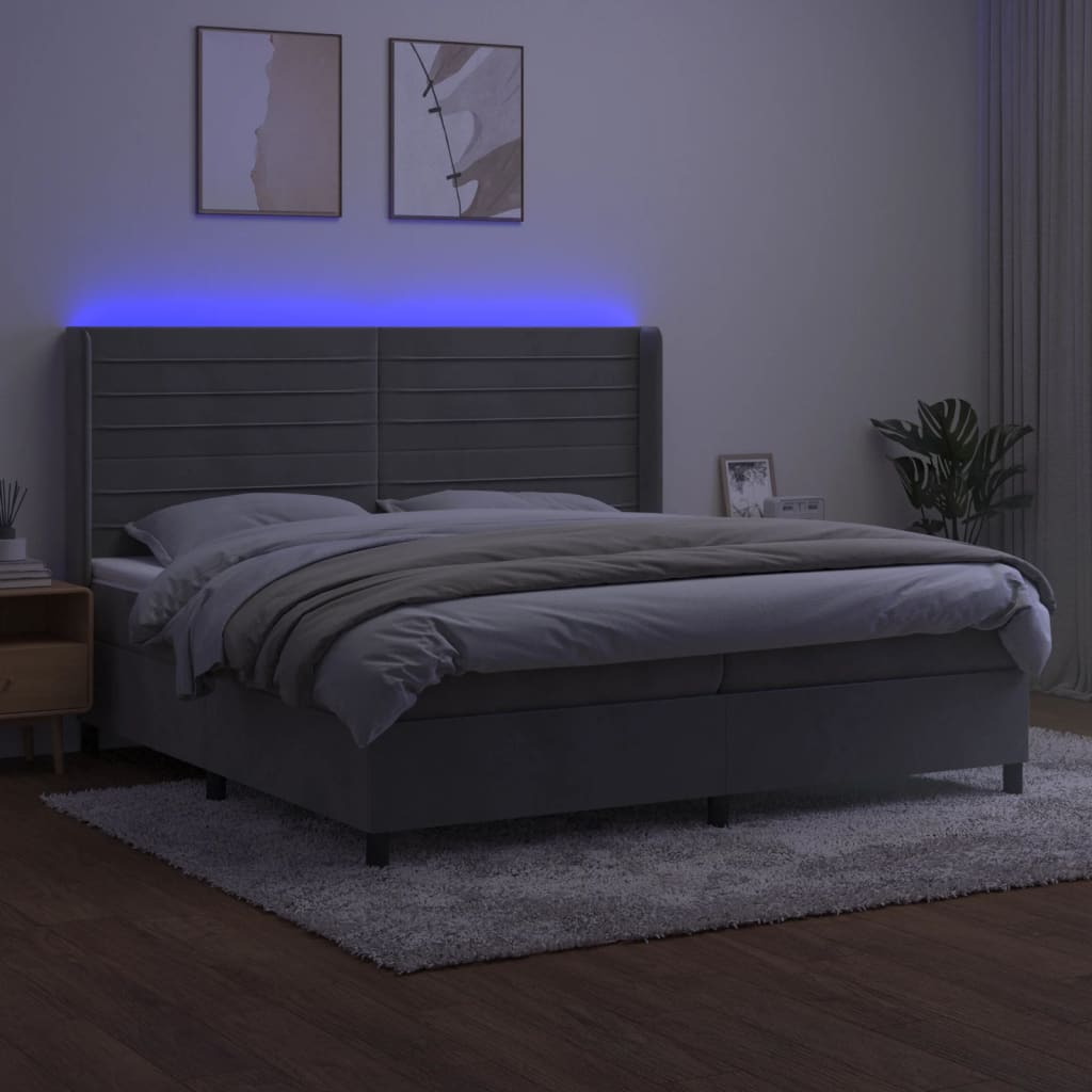 Боксспринг легло с матрак и LED, светлосиво, 200x200 см, кадифе