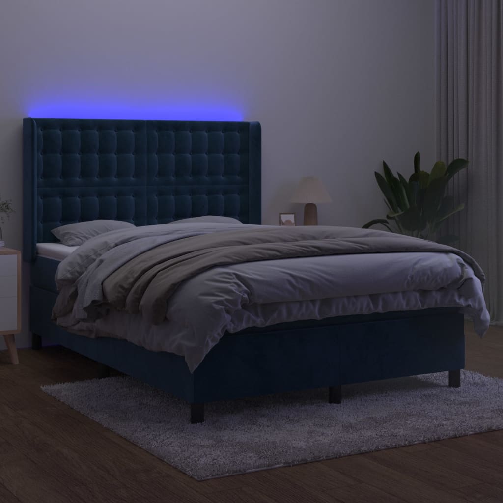 Боксспринг легло с матрак и LED, тъмносиньо, 140x190 см, кадифе