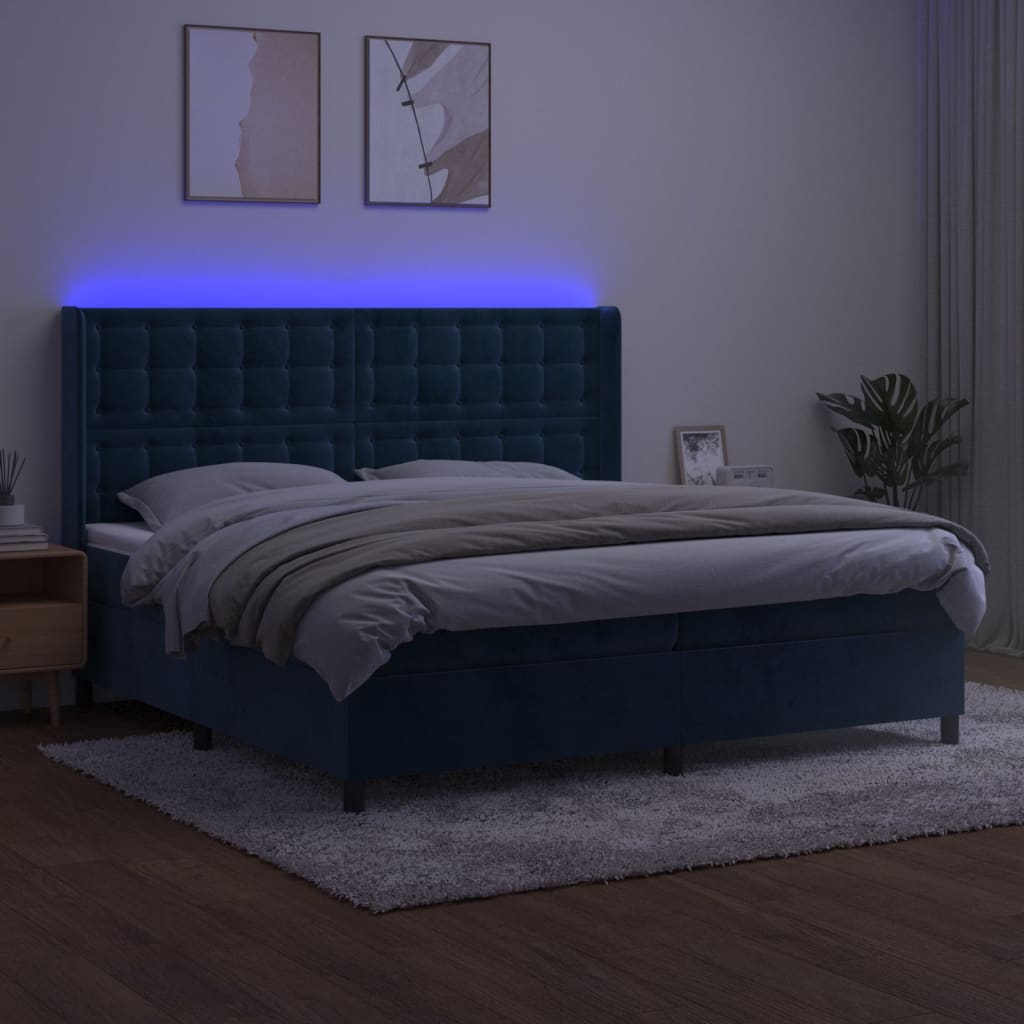 Боксспринг легло с матрак и LED, тъмносиньо, 200x200 см, кадифе