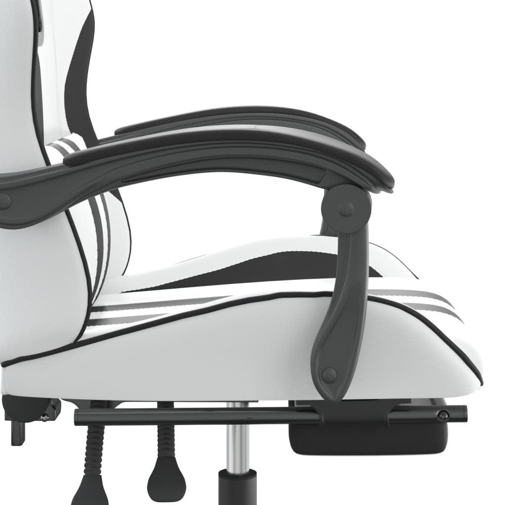 Гейминг стол с опора за крака, бяло и черно, изкуствена кожа