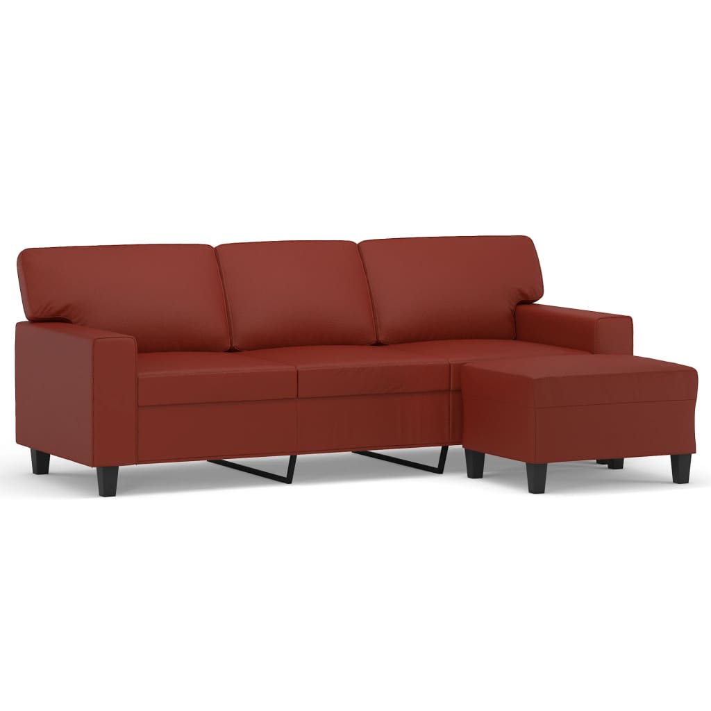 3-местен диван с табуретка, виненочервен, 180 см, изкуствена кожа