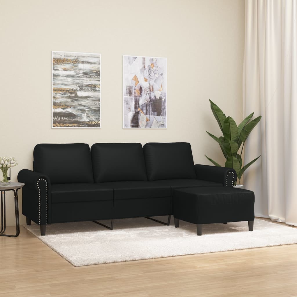 3-местен диван с табуретка, черен, 180 см, изкуствена кожа
