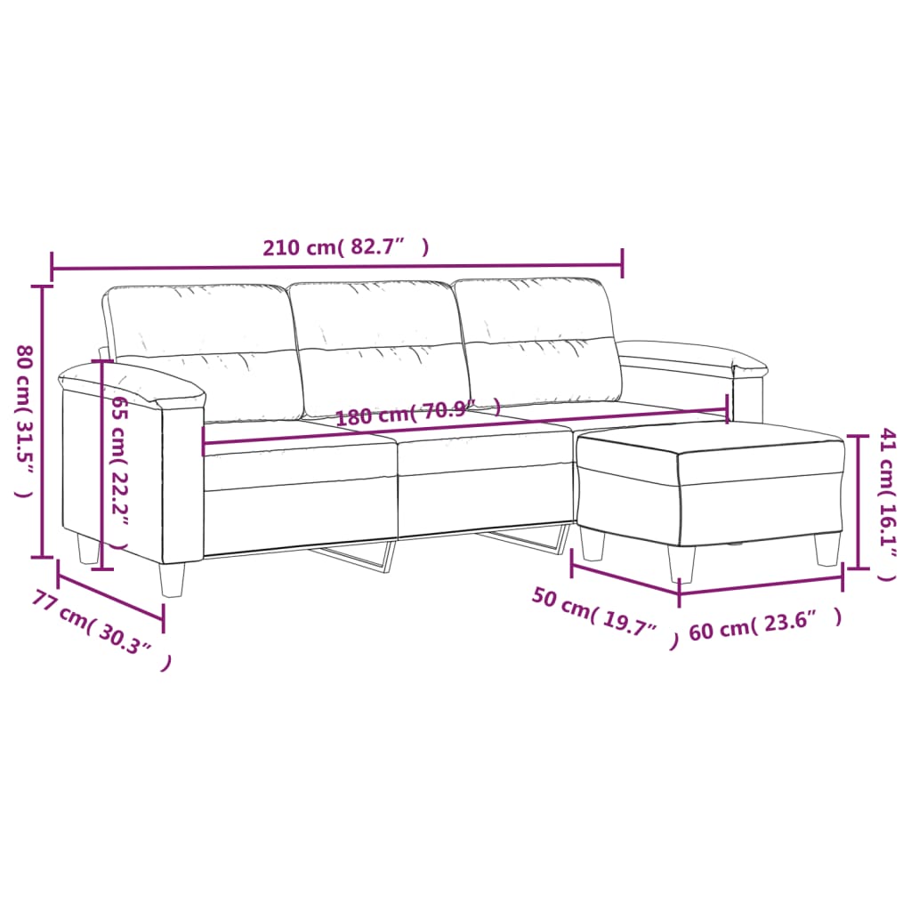 3-местен диван с табуретка светлосив 180 см микрофибърен плат
