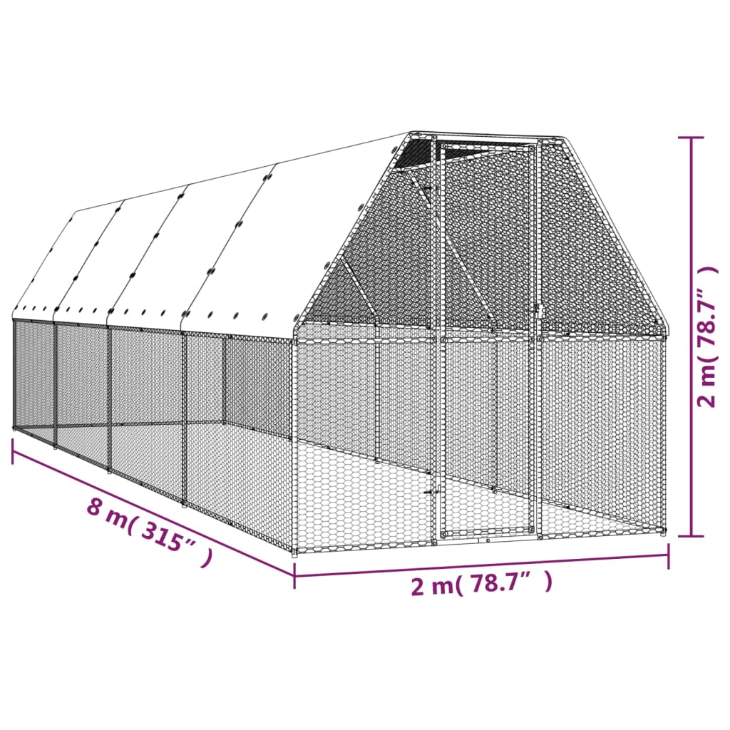 Външна клетка за пилета, 2x8x2 м, поцинкована стомана