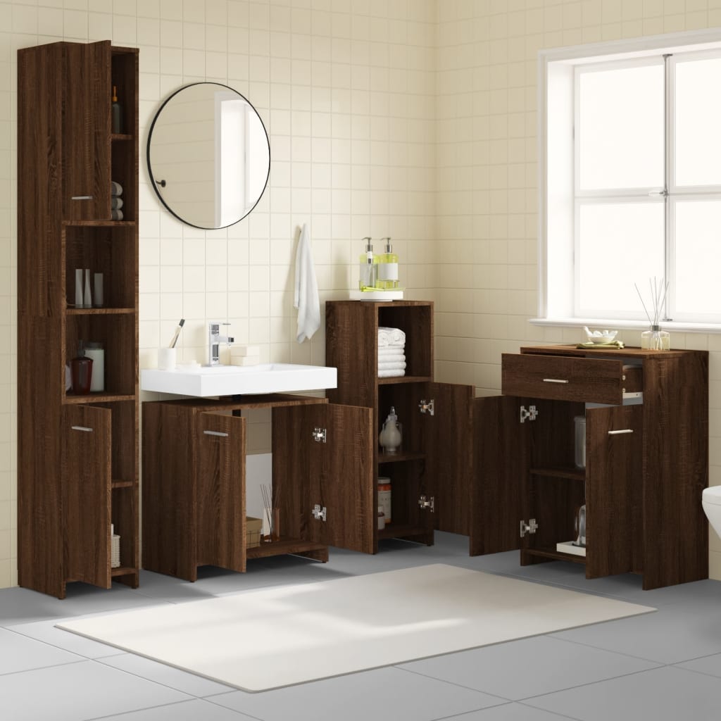 Комплект мебели за баня от 4 части, кафяв дъб, инженерно дърво