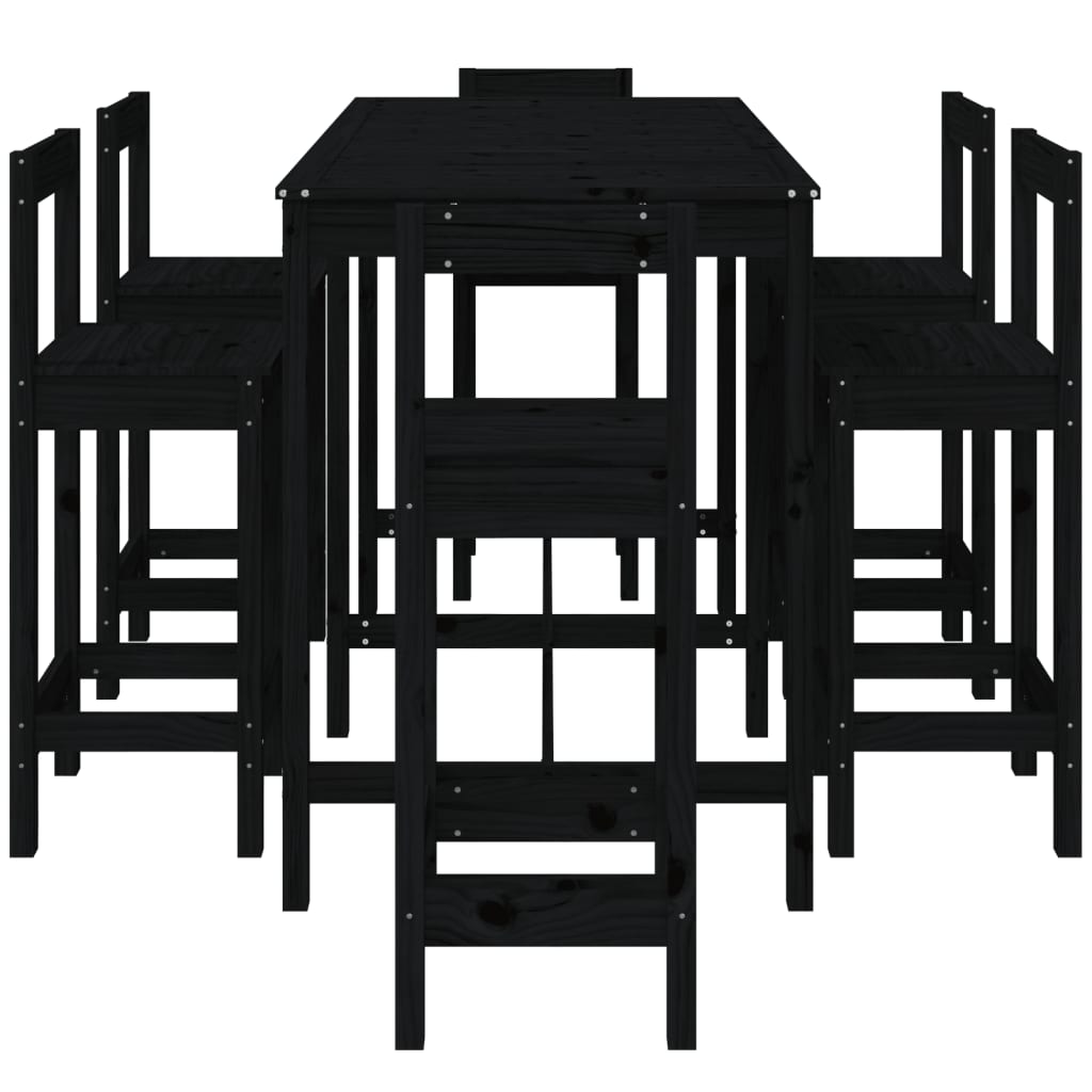 Градински бар комплект от 7 части, черен, масивно дърво бор