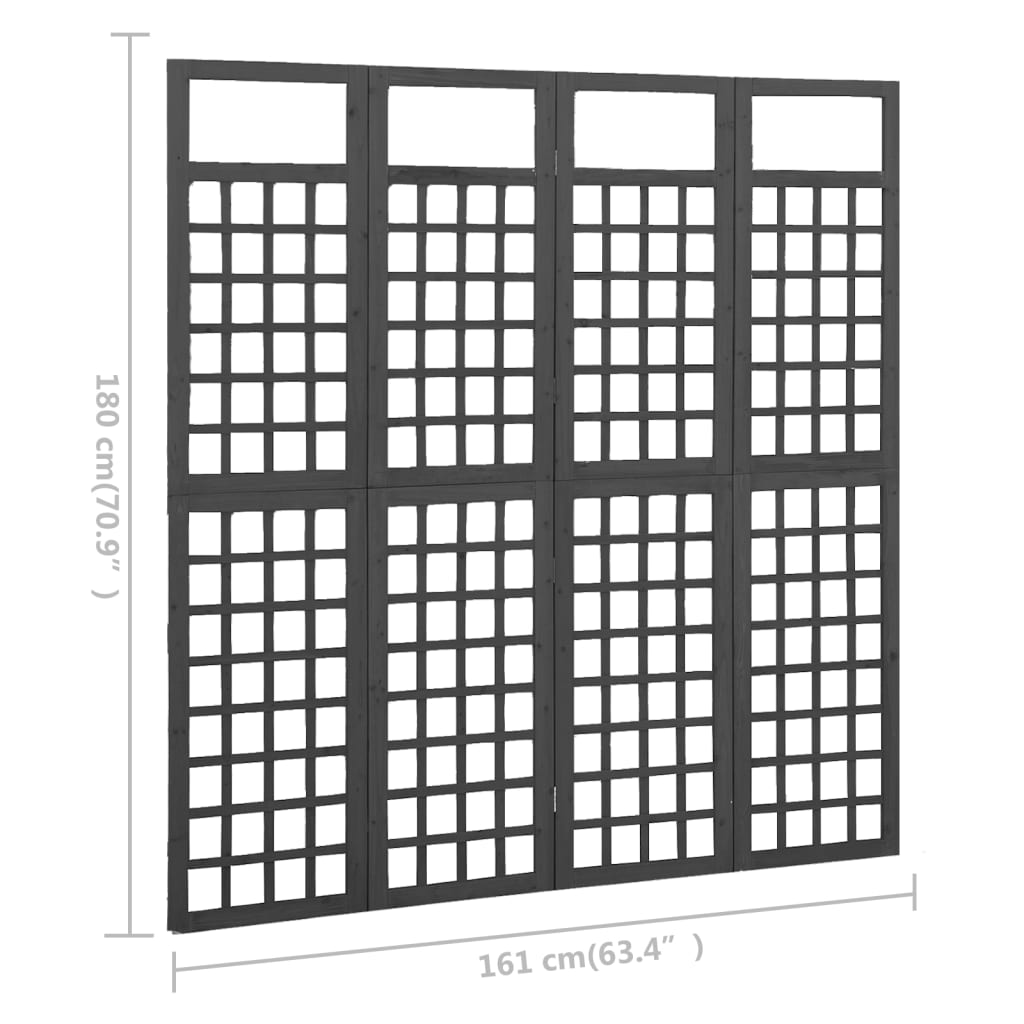 Параван за стая, 4 панела, масивна ела, черен, 161x180 см