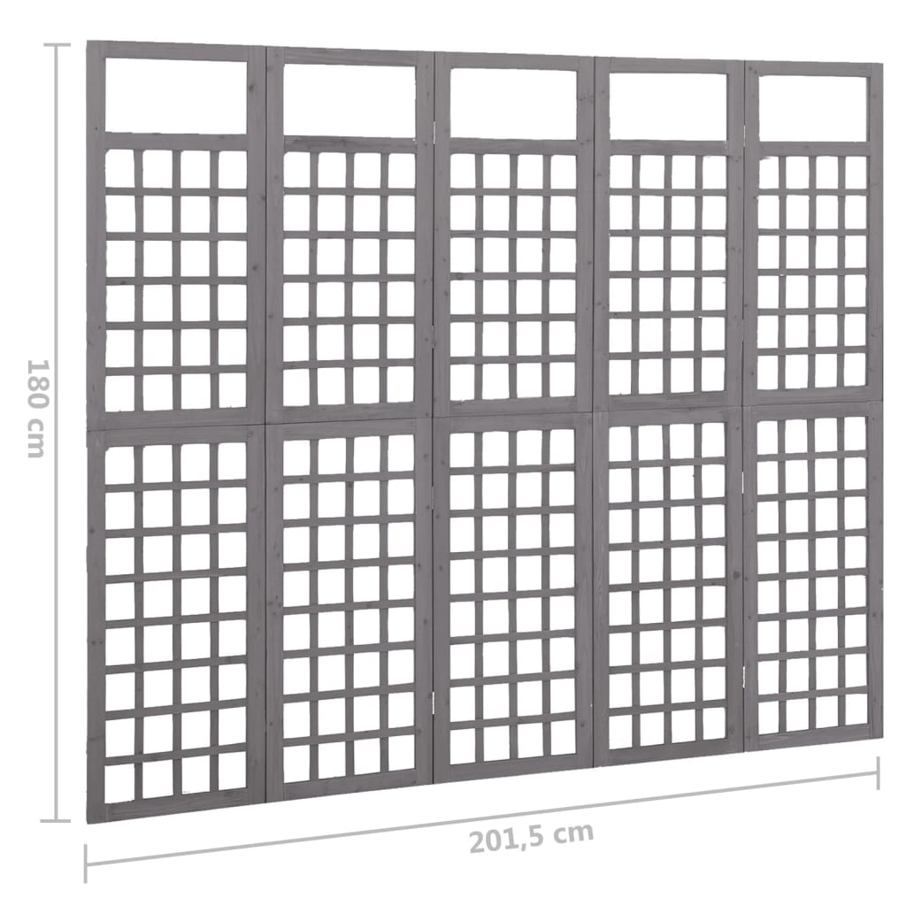 Параван за стая, 5 панела, сив, масивна ела, 201,5x180 см