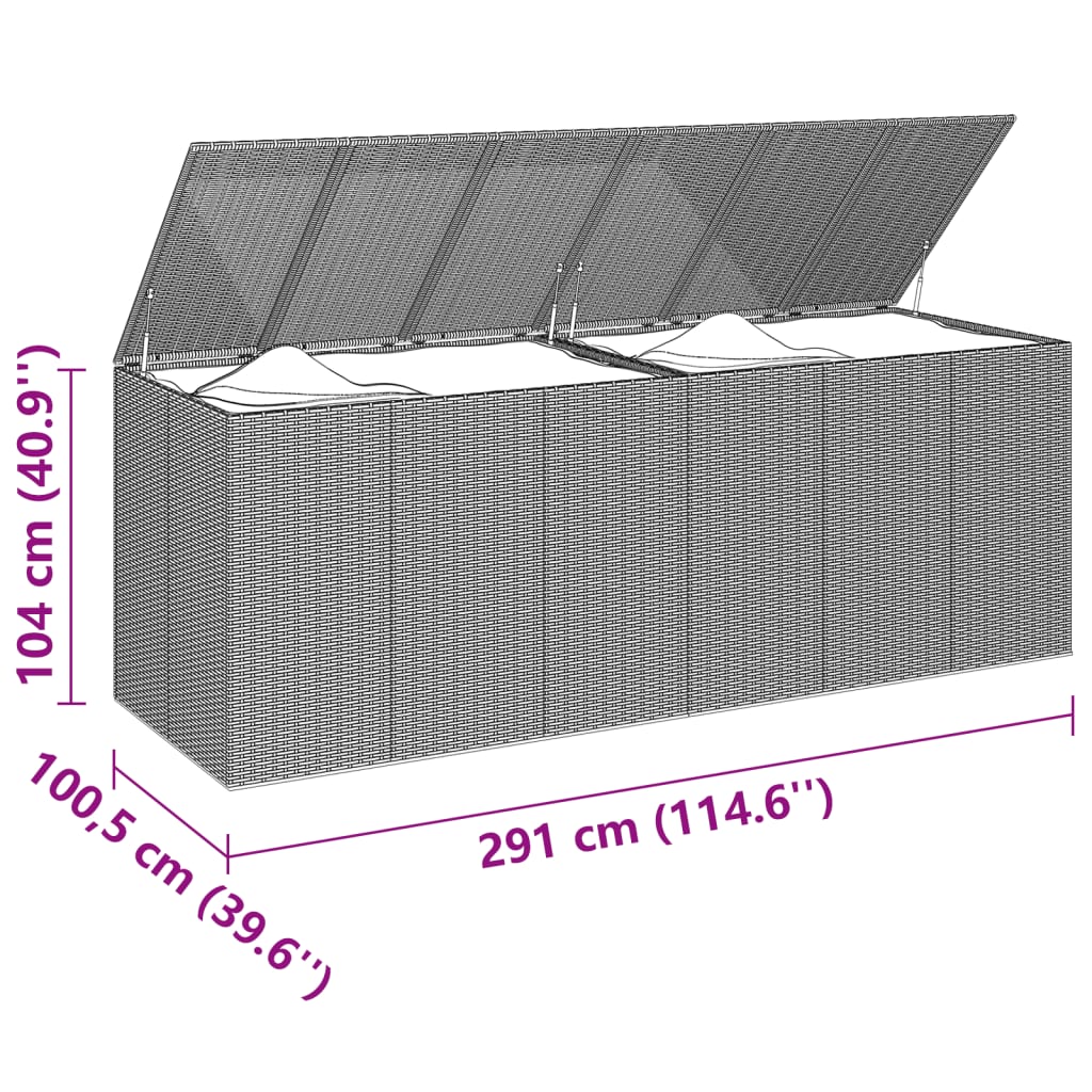 Кутия за градински възглавници PE Ратан 291x100,5x104 см сива