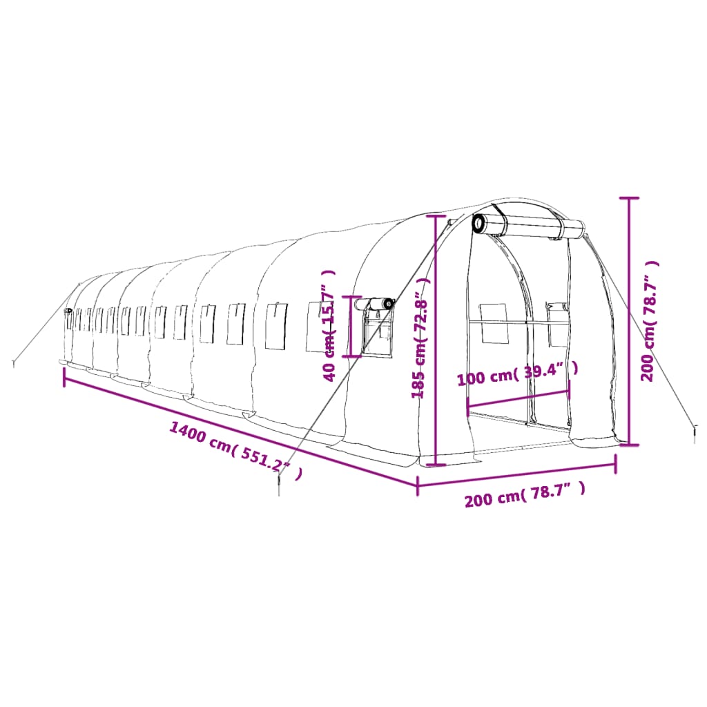 Оранжерия със стоманена рамка бяла 28 м² 14x2x2 м