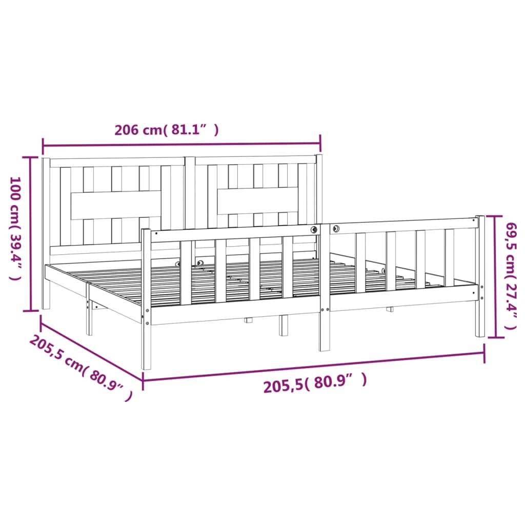 Рамка за легло с табла, бяла, бор масив, 200x200 см