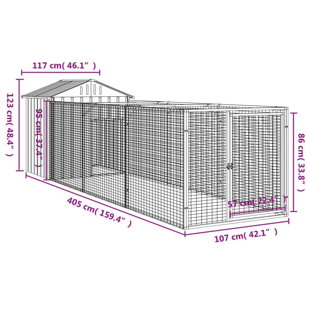 Кучешка къща с покрив, антрацит, 117x405x123 см, стомана