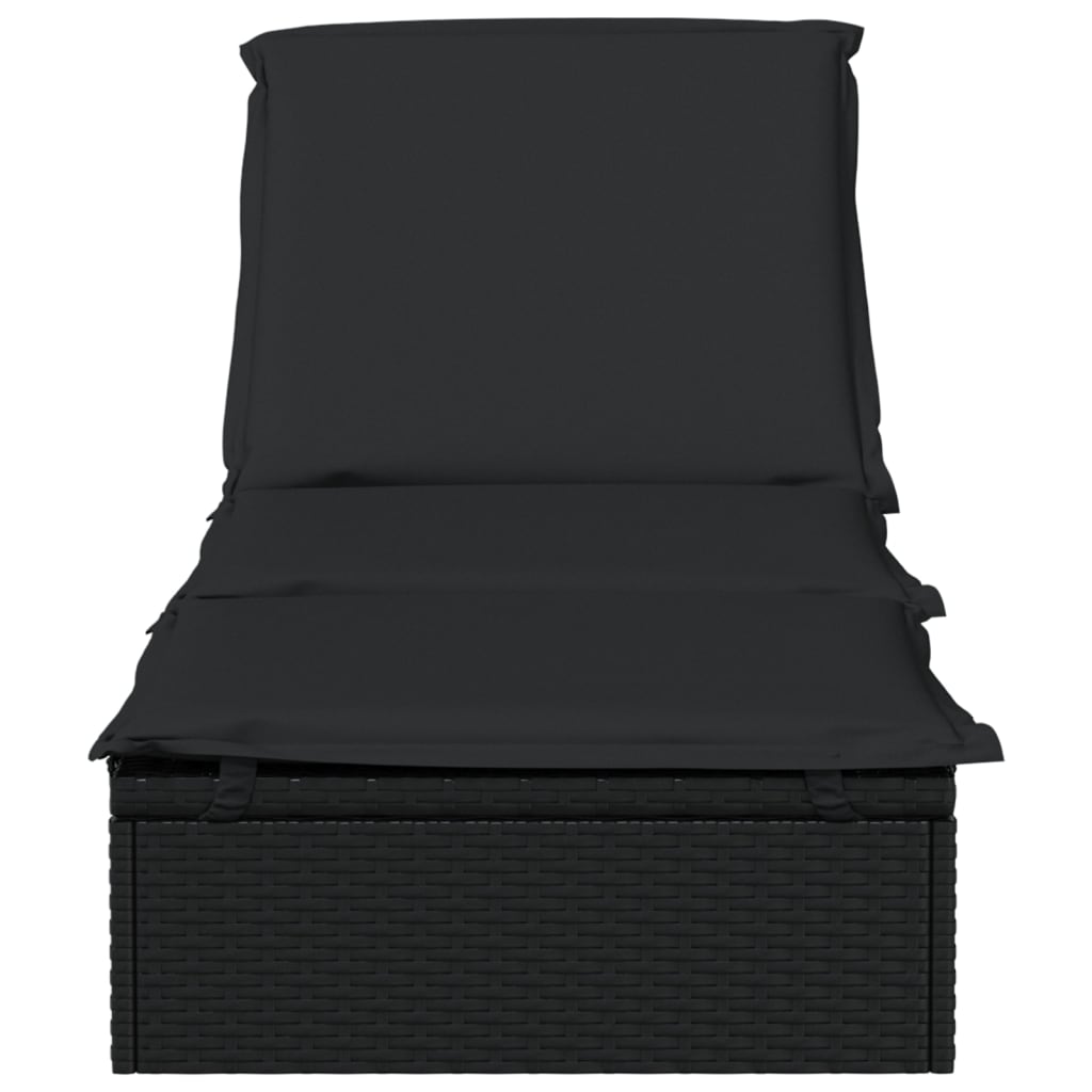 Шезлонг с възглавница, черен, 201x55x62 см, полиратан