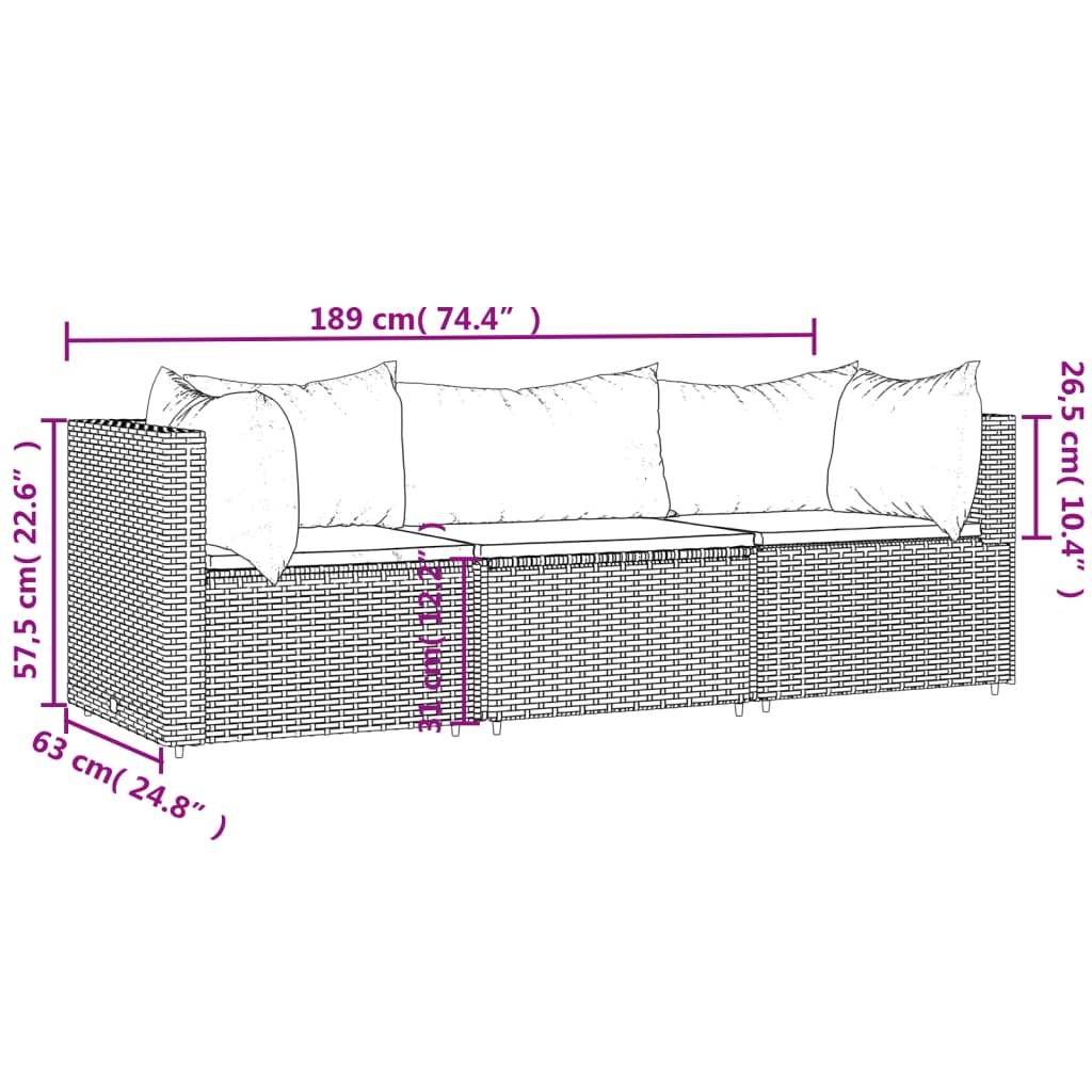 Градински лаундж комплект с възглавници 3 части черен полиратан