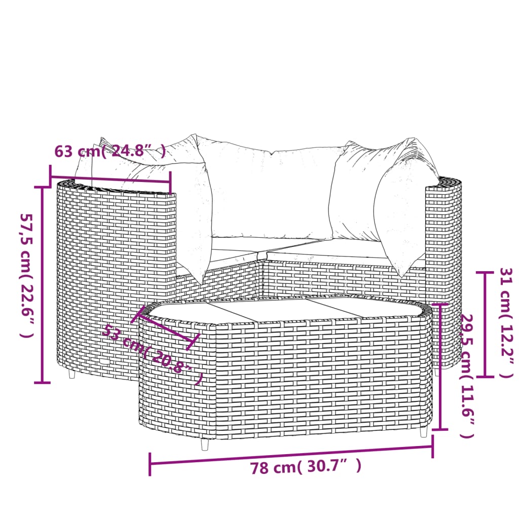 Градински лаундж комплект с възглавници 4 части черен полиратан