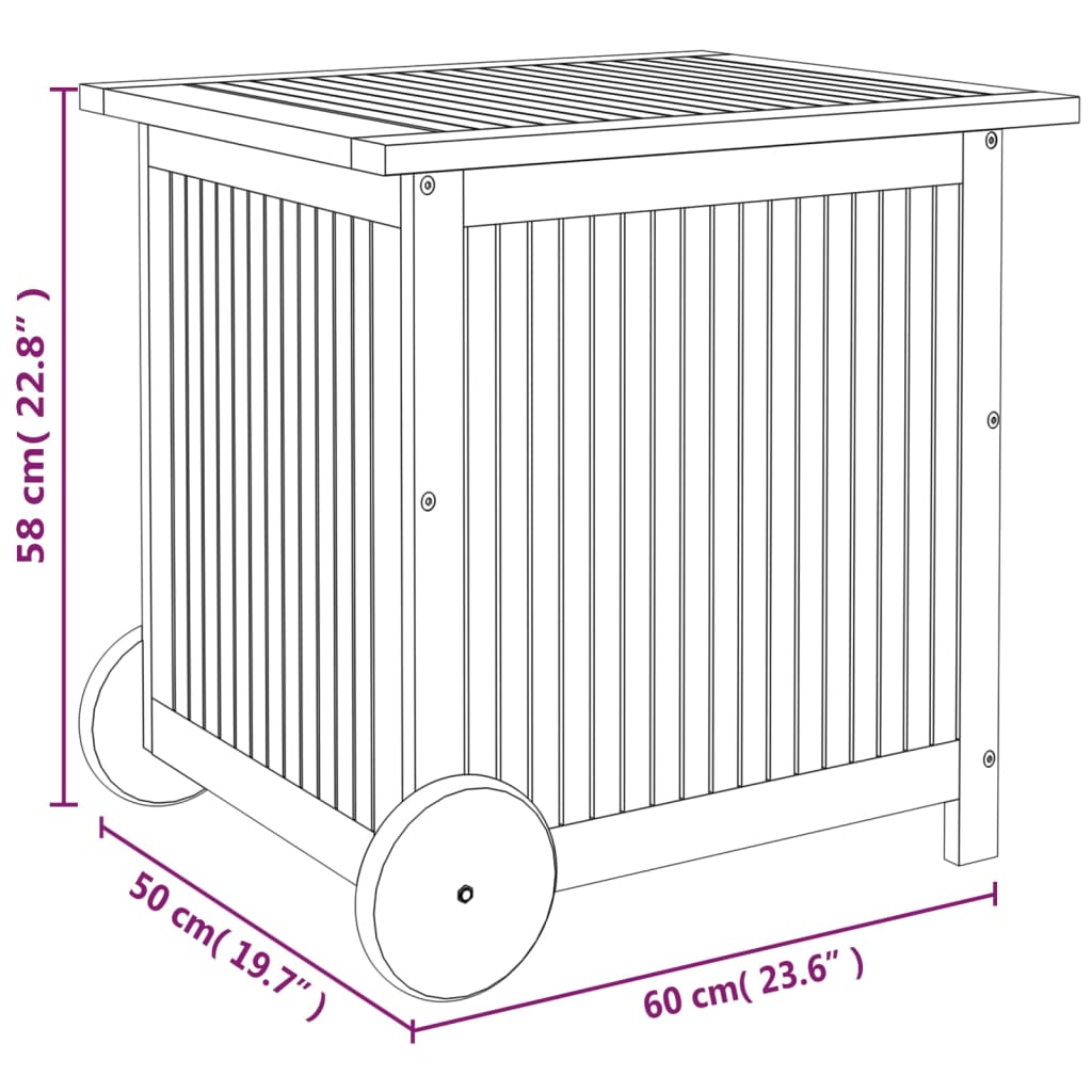 Градинска кутия за съхранение с колела 60x50x58 см акация масив 