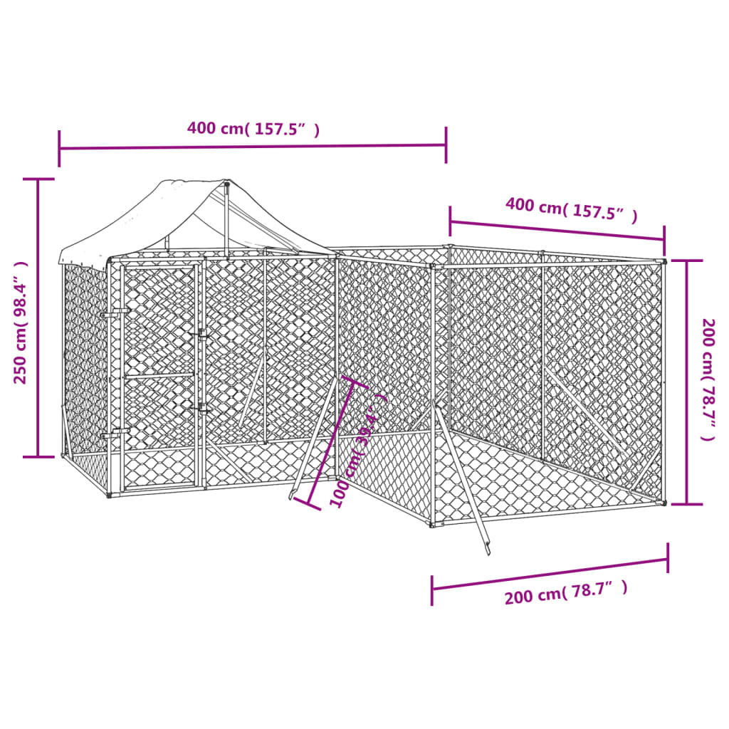 Външна клетка за куче с покрив сребриста 4x4x2,5 м стомана