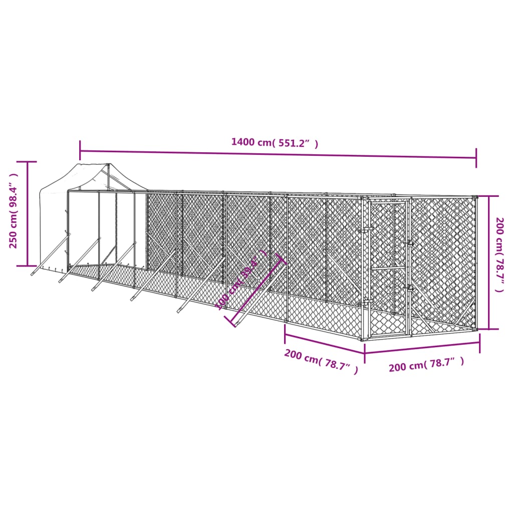 Външна клетка за куче с покрив сребриста 2x14x2,5 м стомана
