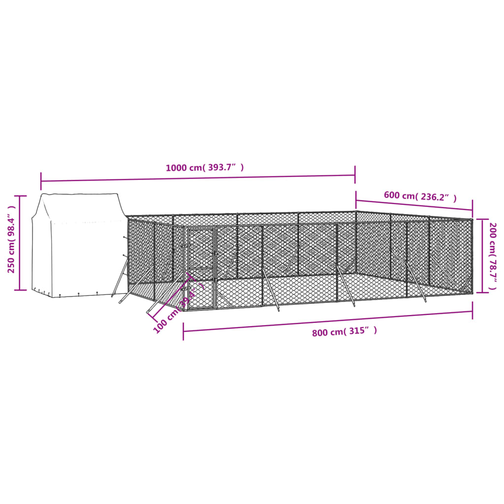 Външна клетка за куче с покрив сребриста 10x6x2,5 м стомана