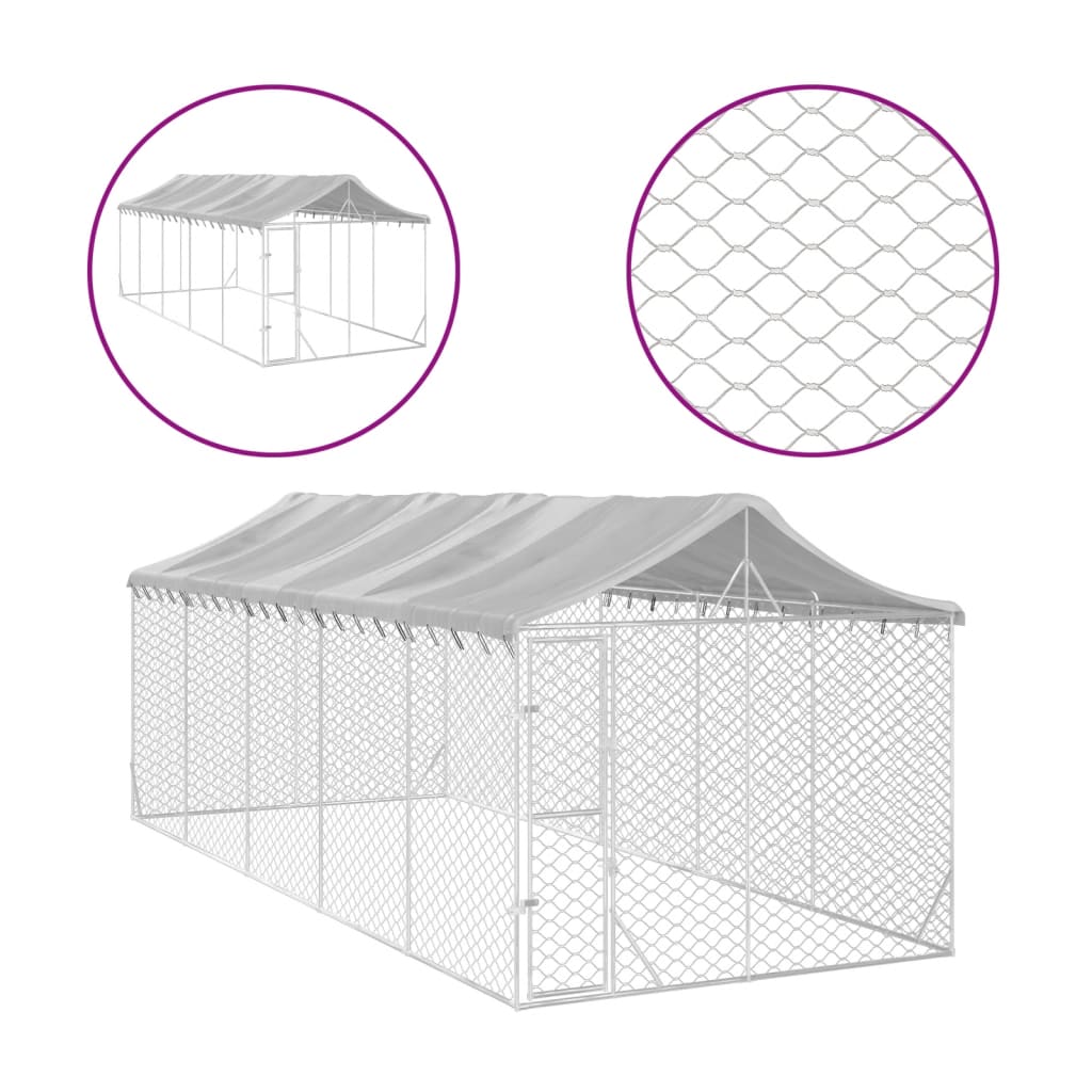 Външна клетка за куче с покрив сребриста 3x7,5x2,5 м стомана