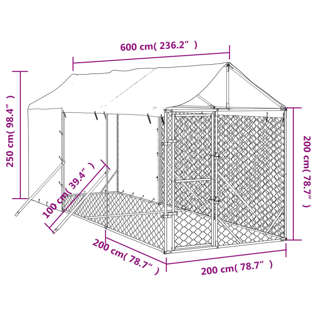 Външна клетка за куче с покрив сребриста 2x6x2,5 м стомана
