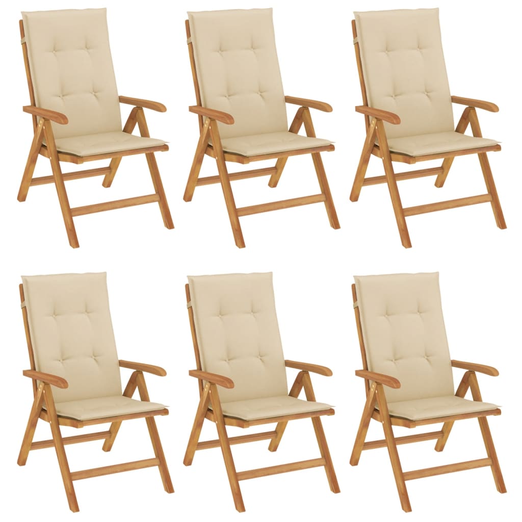 Наклоняеми градински столове с възглавници, 6 бр, тик масив