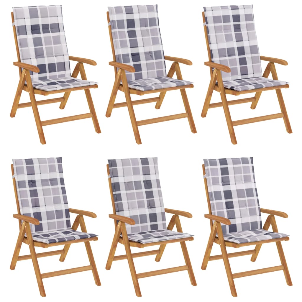 Наклоняеми градински столове с възглавници, 6 бр, тик масив
