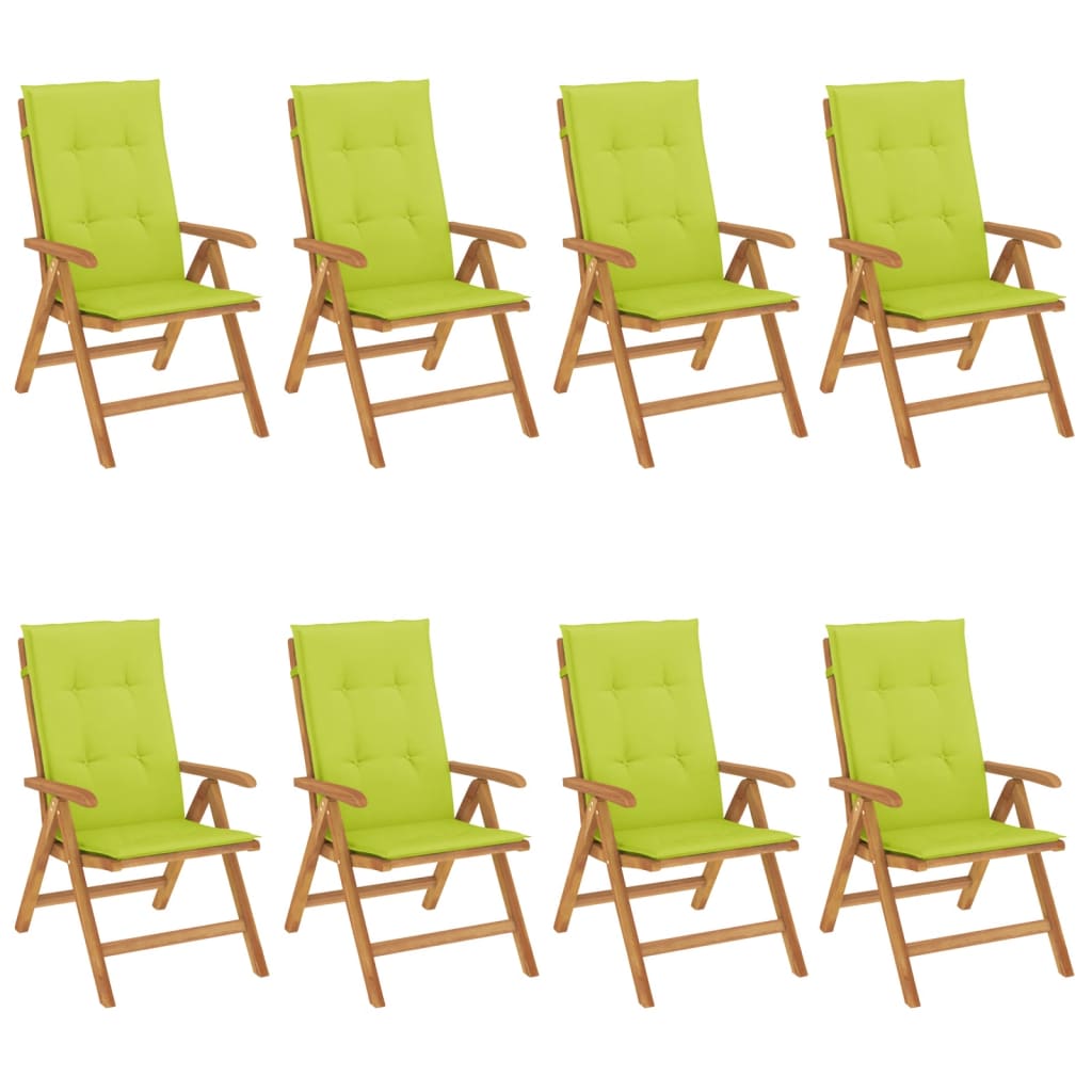 Наклоняеми градински столове с възглавници, 8 бр, тик масив