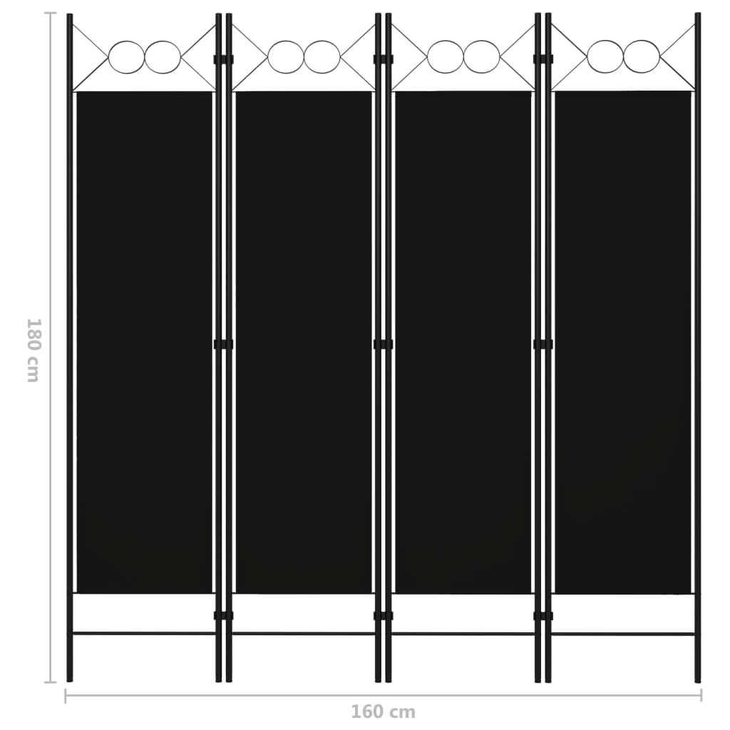 Параван за стая, 4 панела, черен, 160x180 см