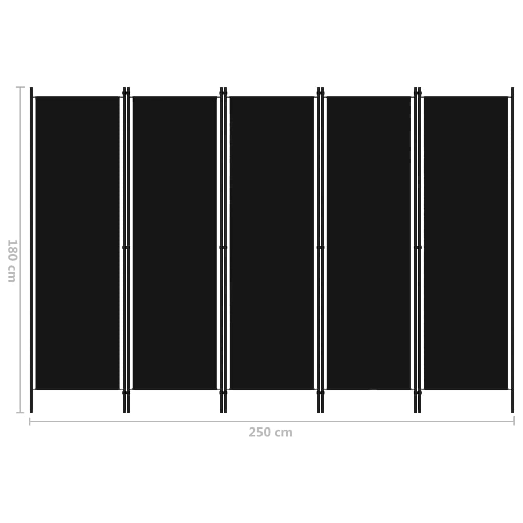 Параван за стая, 5 панела, черен, 250x180 см