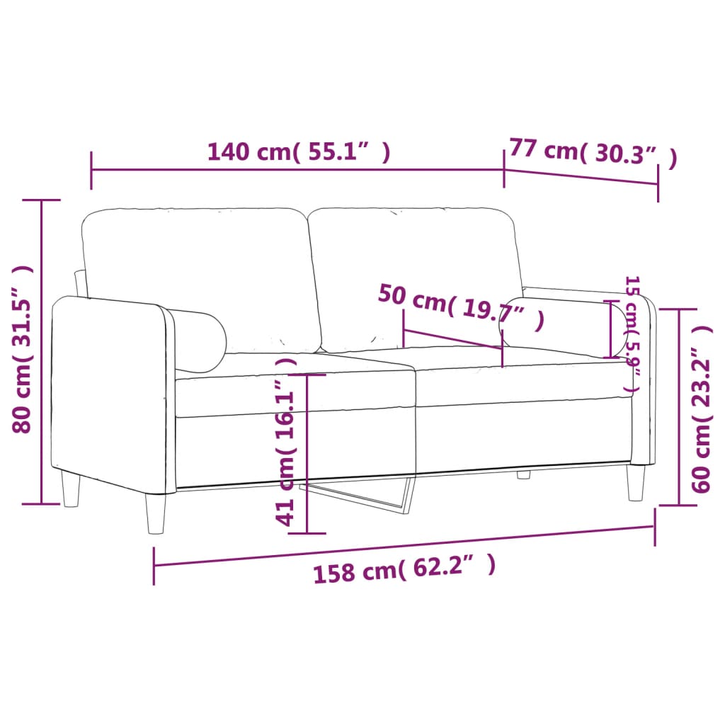 2-местен диван с декоративни възглавници светлосив 140см кадифе
